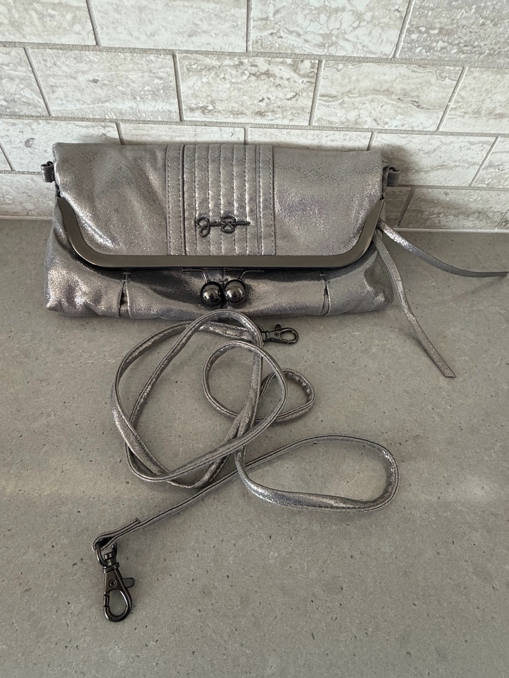 Jessica Simpson Metallic Silver Convertible kiss lock Crossbody Clutch